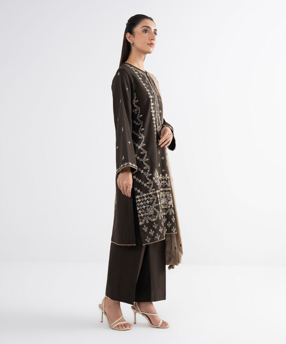 Women's Unstitched Cross Hatch Embroidered Brown 3 Piece Suit