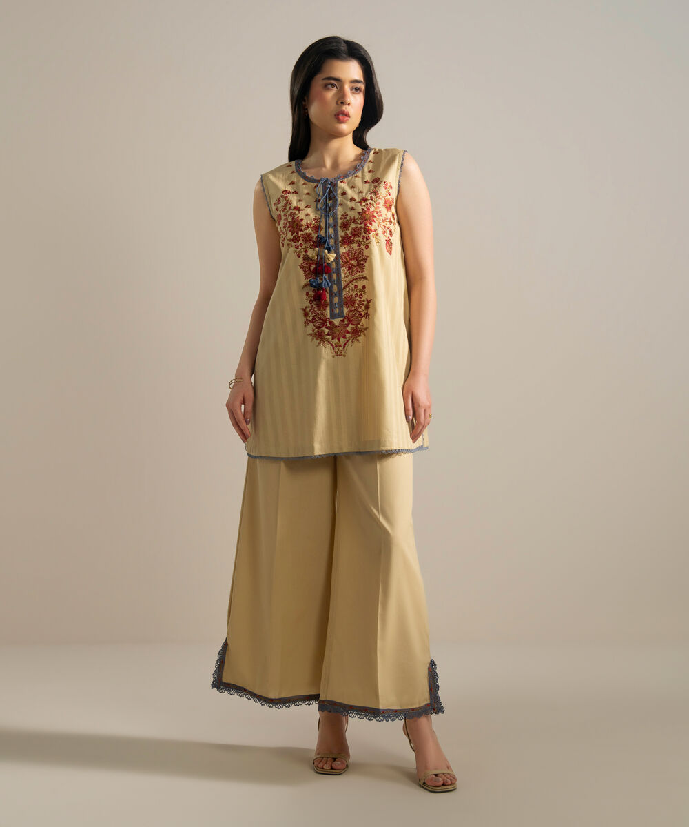 Women's RTW Leno Kara Embroidered Beige Straight Shirt