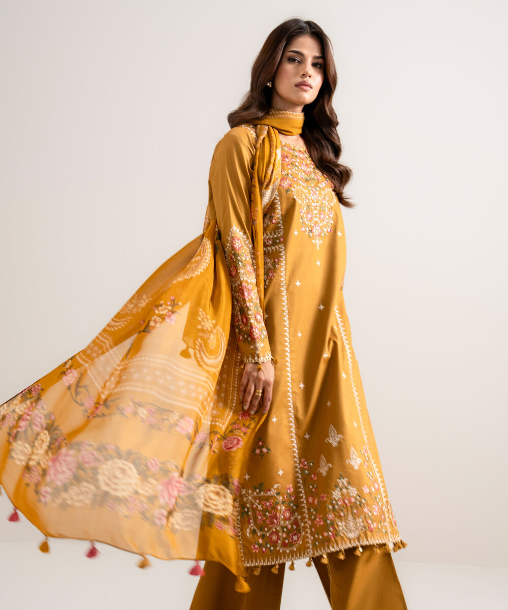 Women's Unstitched Embroidered Cotton Viscose Mustard 3 Piece Suit