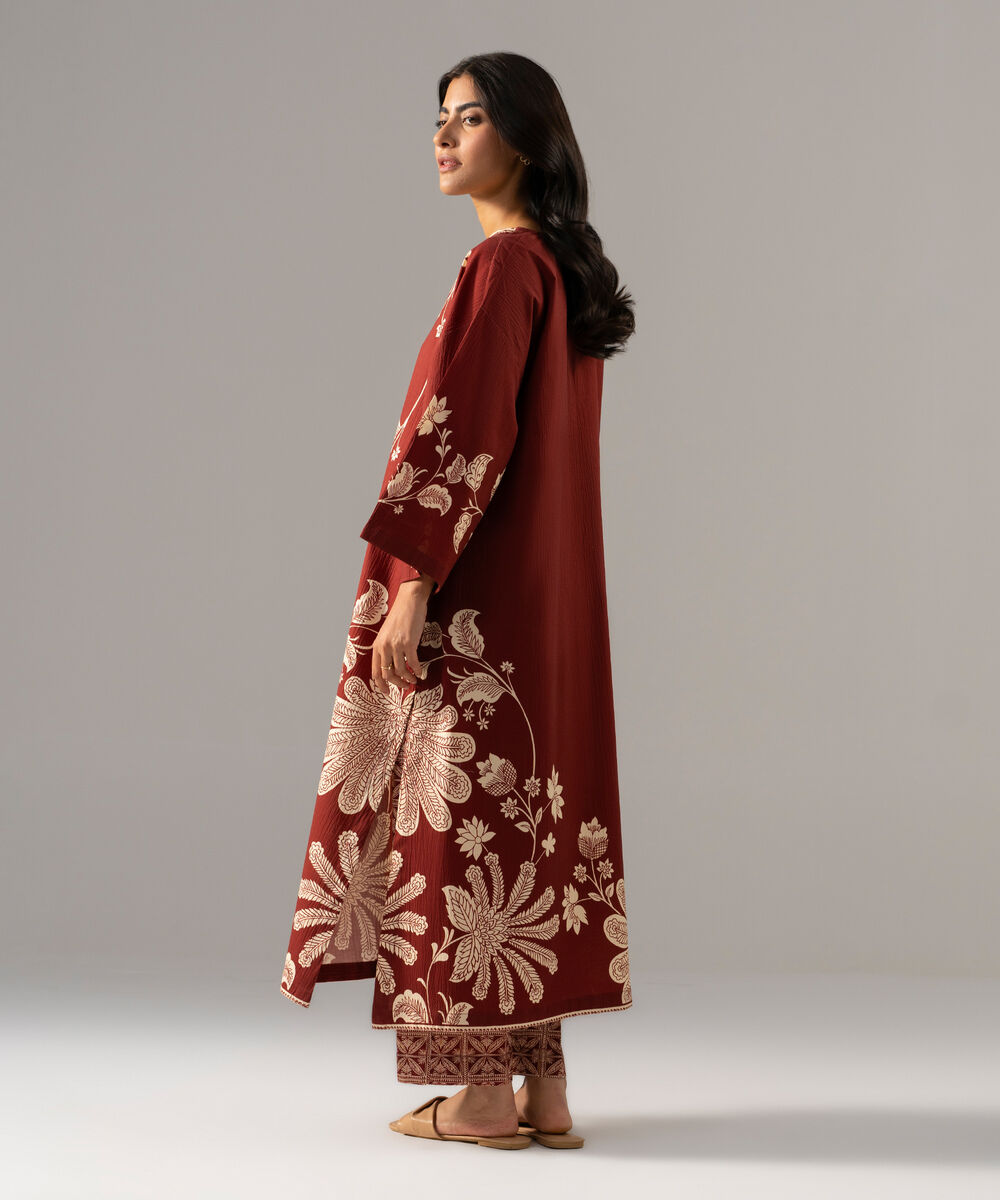 Women's RTW Seersucker Printed Maroon Drop Shoulder Shirt