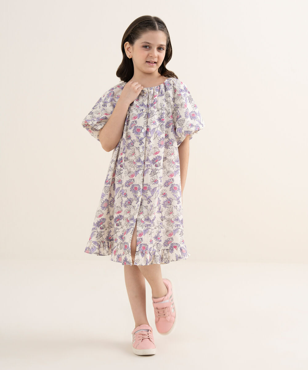 Girl's Khaddar Printed Green Frock