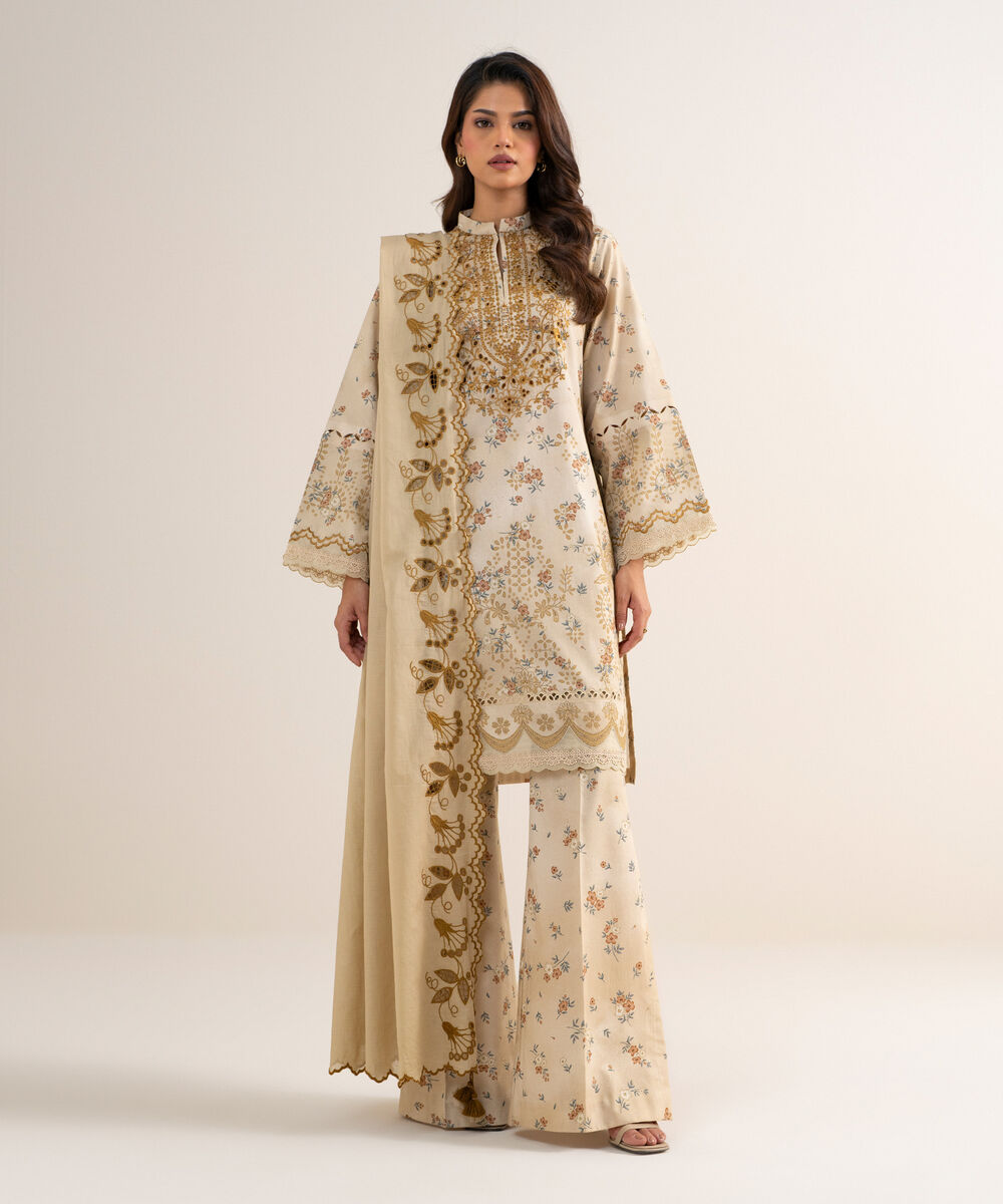 Women's Unstitched Fine Cotton Satin Embroidered Beige
