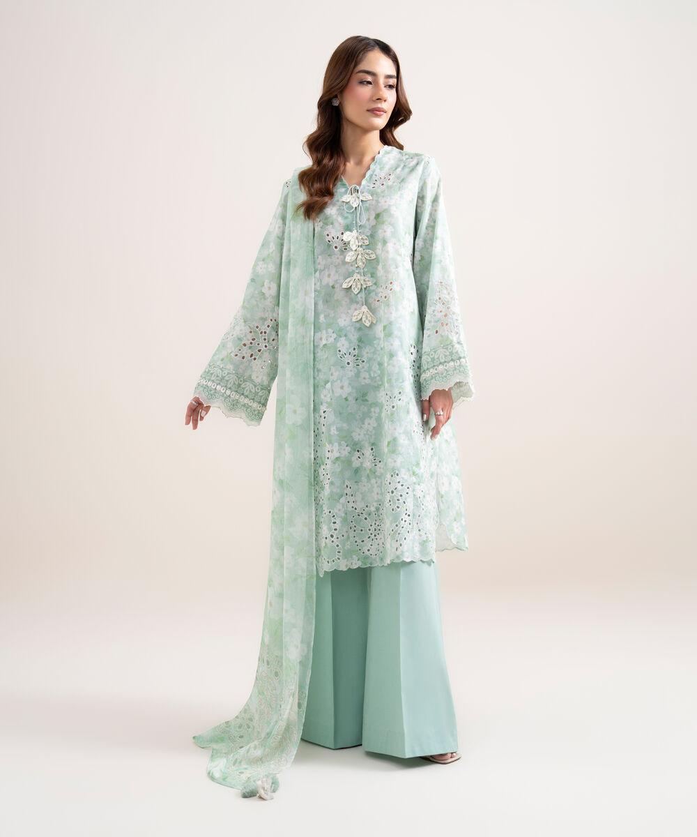 Women's Unstitched Lawn Embroidered Green 3 Piece Suit