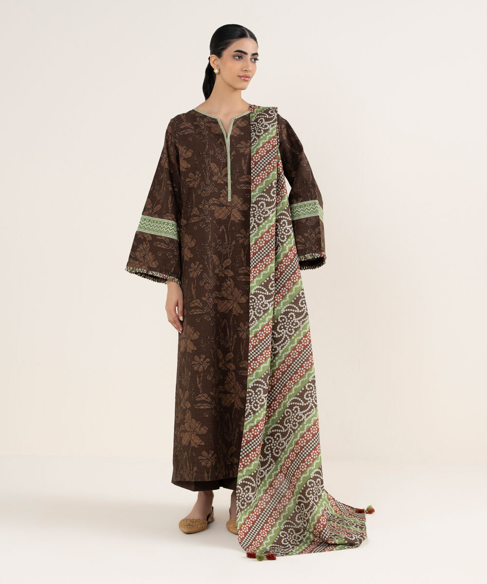 Women's Unstitched Printed Khaddar Brown 3 Piece Suit