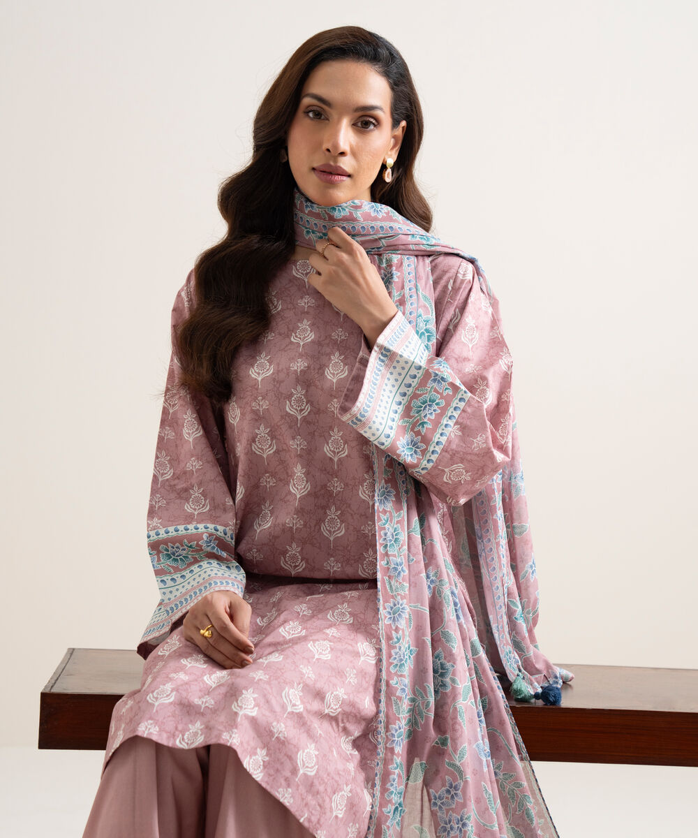 Women's Unstitched Lawn Printed Pink 3 Piece Suit