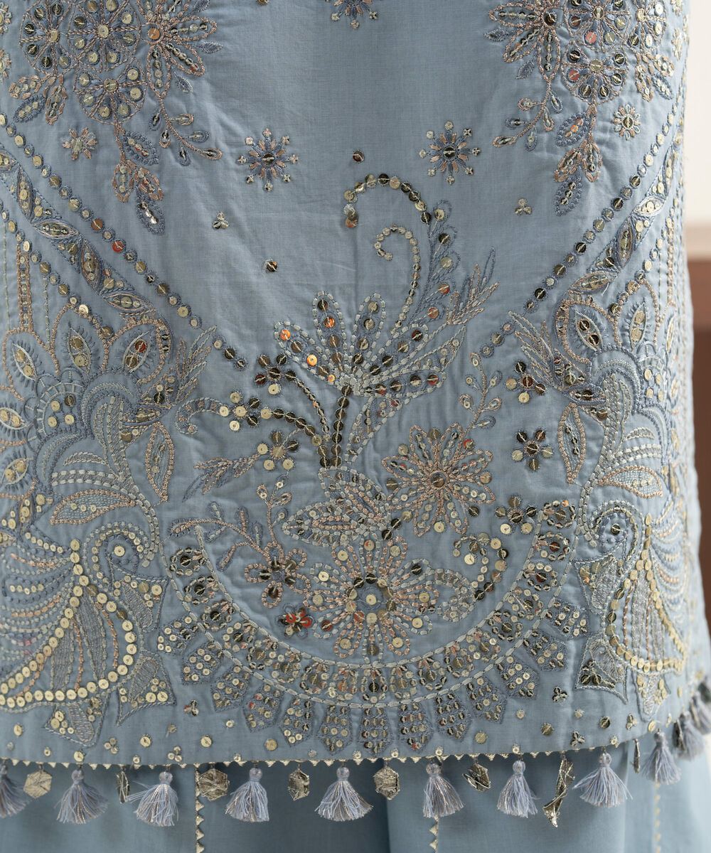 Women's Unstitched Lawn Embroidered Ice Blue 3 Piece Suit