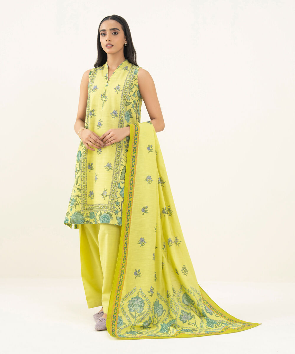 Women's Unstitched Printed Khaddar Yellow 3 Piece Suit