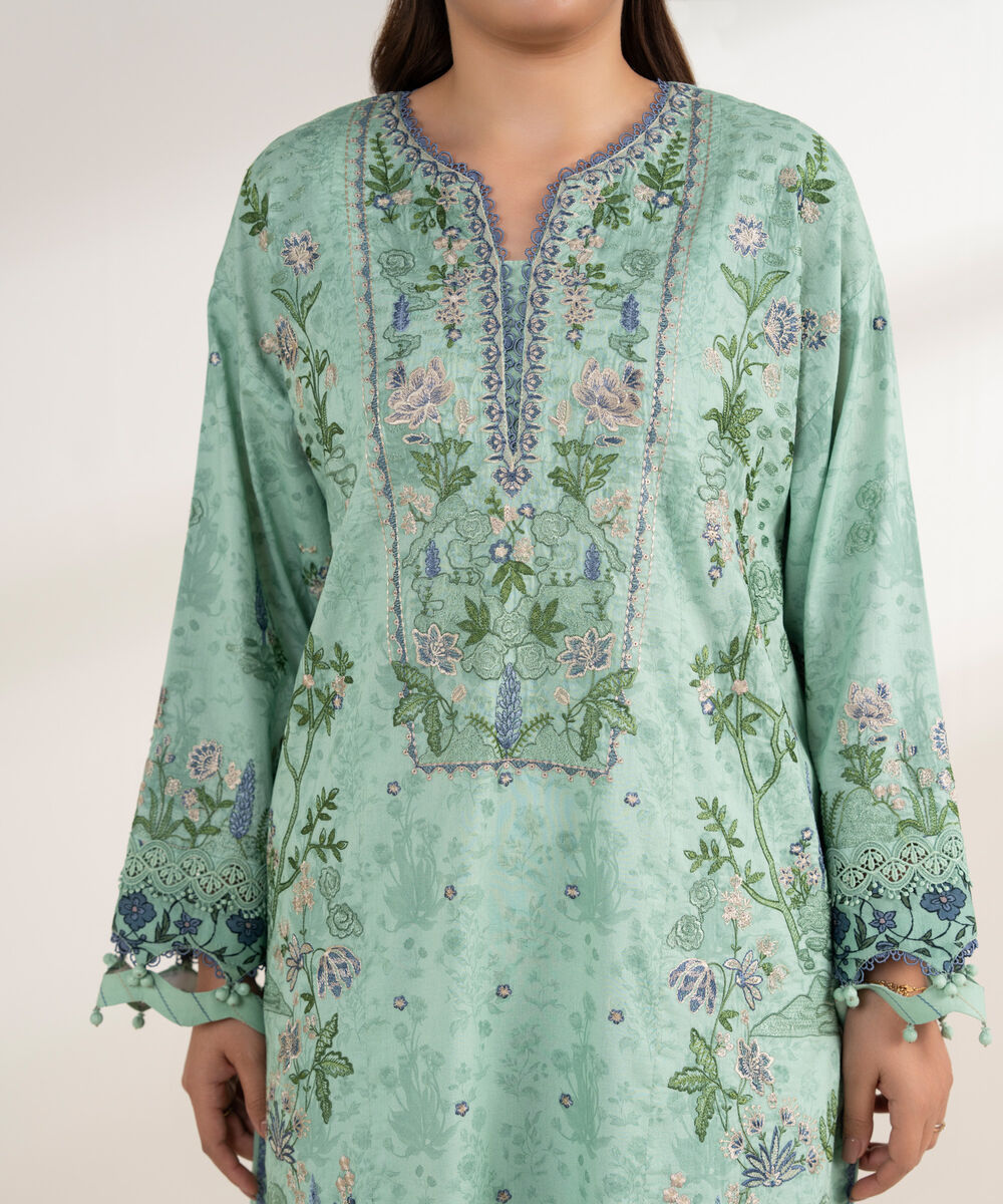 Women's Unstitched Cotton Embroidered Green 3 Piece Suit