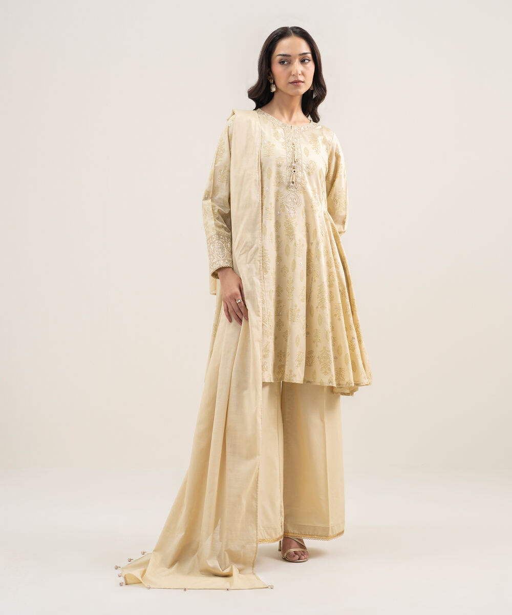 Women's RTW Lawn Embroidered Beige 3 Piece Suit