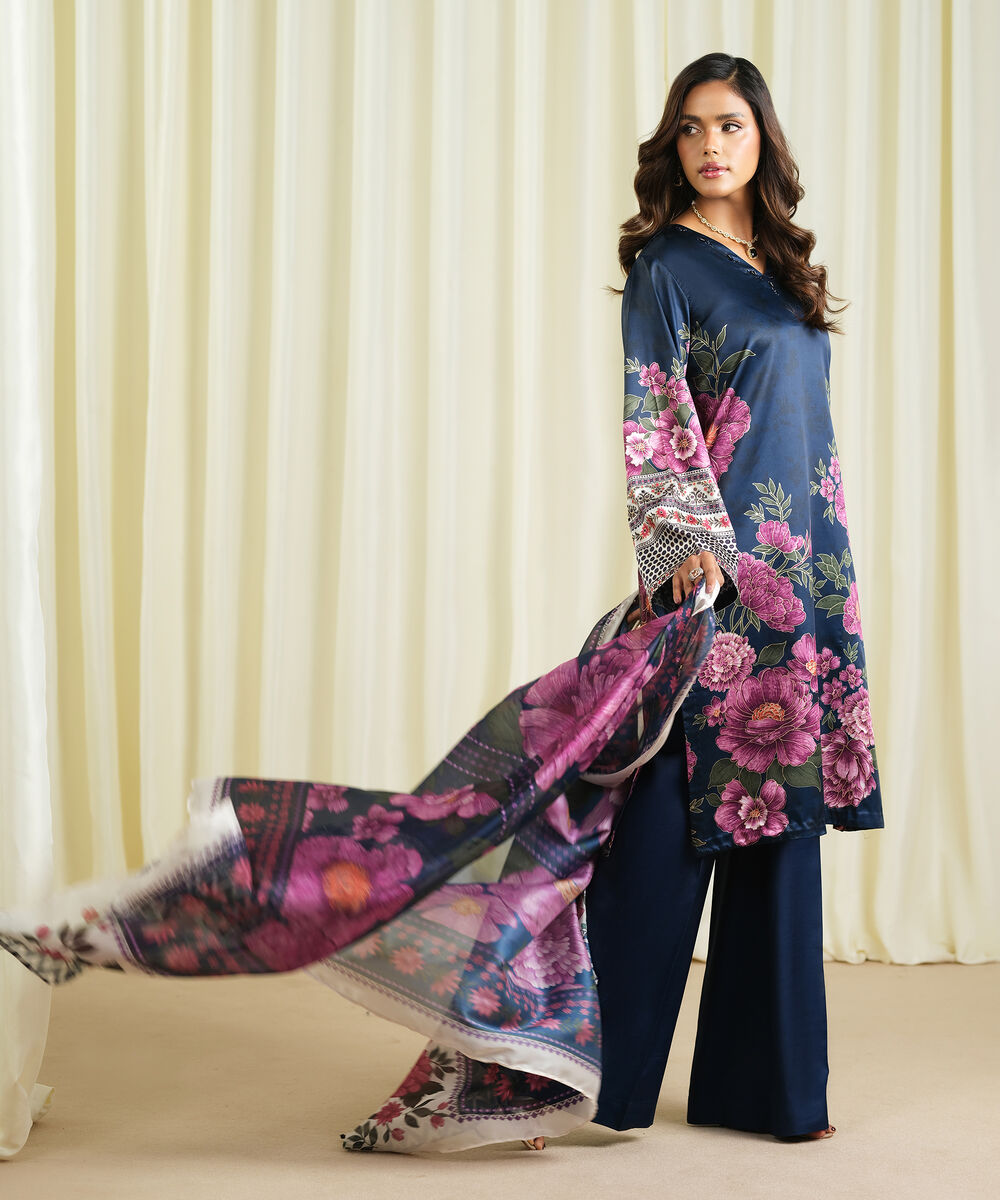 Women's Unstitched Blended Satin Printed Blue 3 Piece Suit