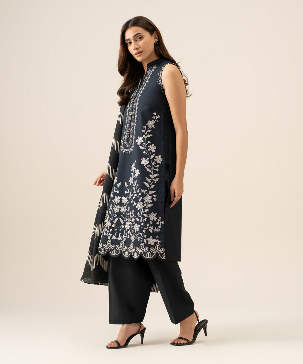 Women's Unstitched Lawn Embroidered Black 3 Piece Suit