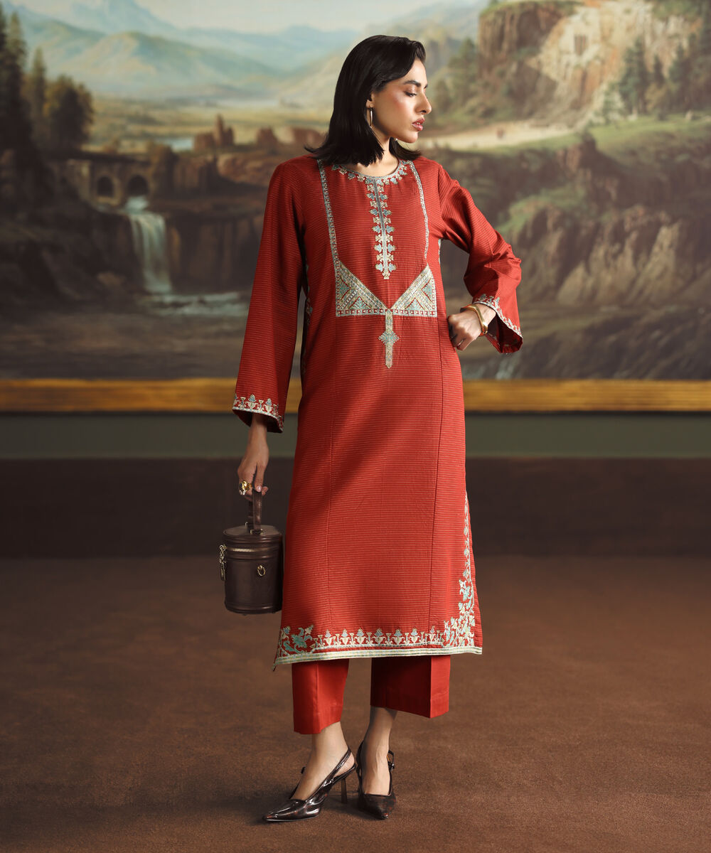 Women's RTW Light Khaddar Embroidered A-Line Rust Shirt