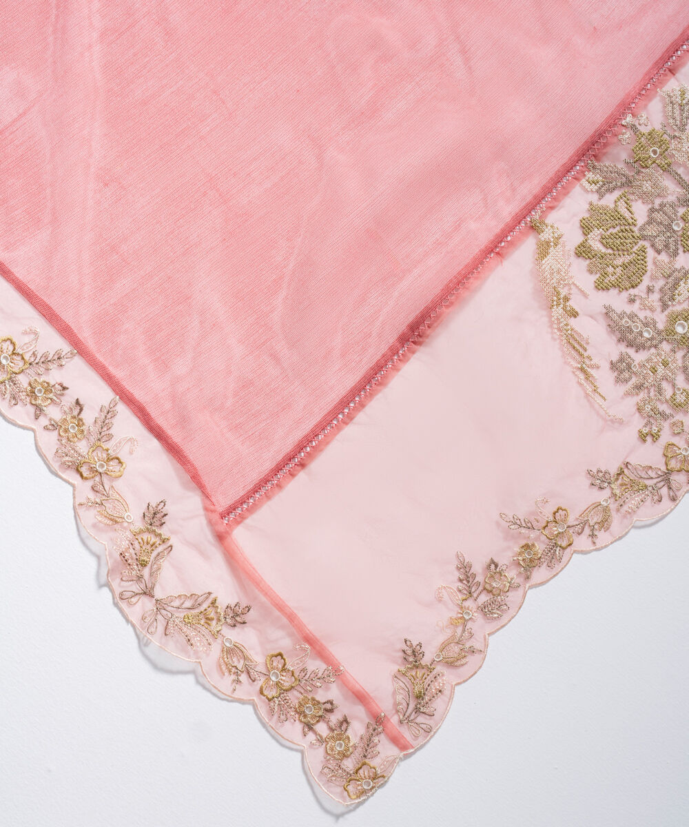 Khaddi Net Embroidered Pink Dupatta