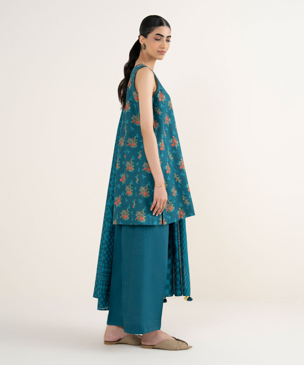 Women's Unstitched Printed Khaddar Teal 3 Piece Suit