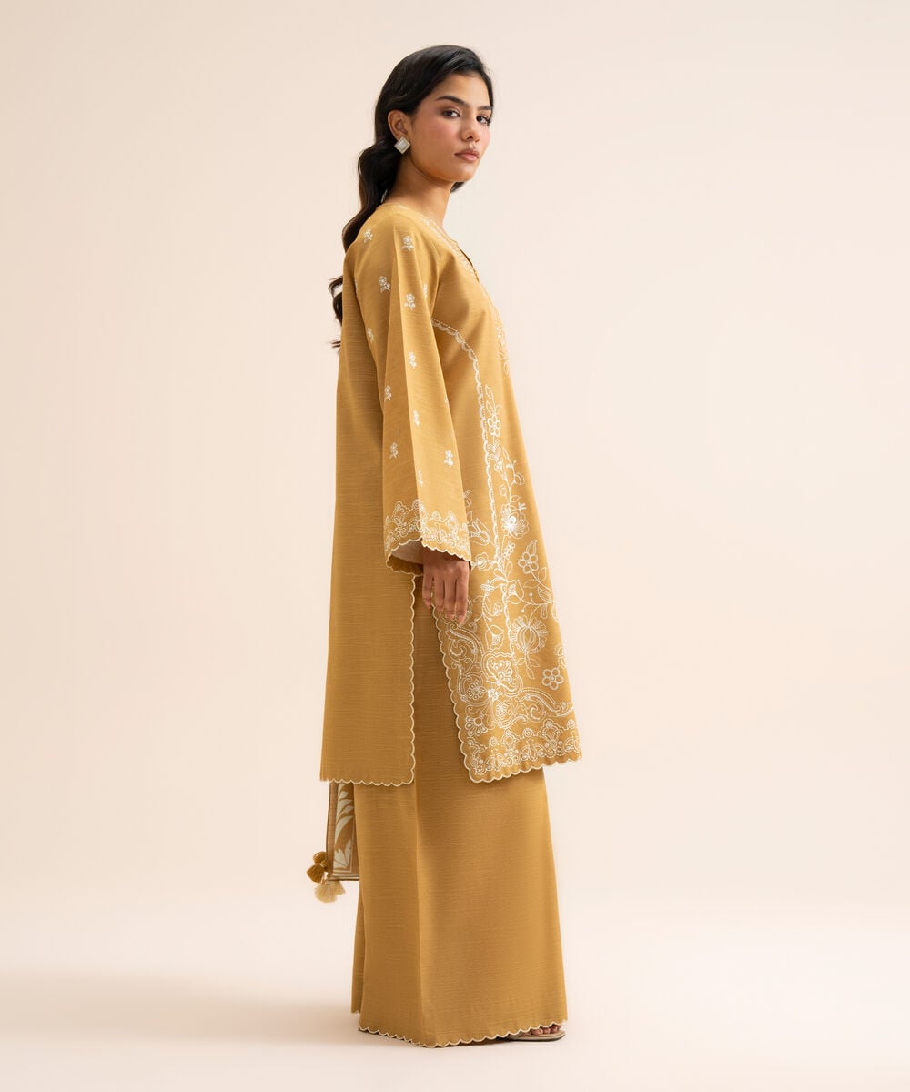 Women's Unstitched Light Khaddar Embroidered Mustard 3 Piece Suit