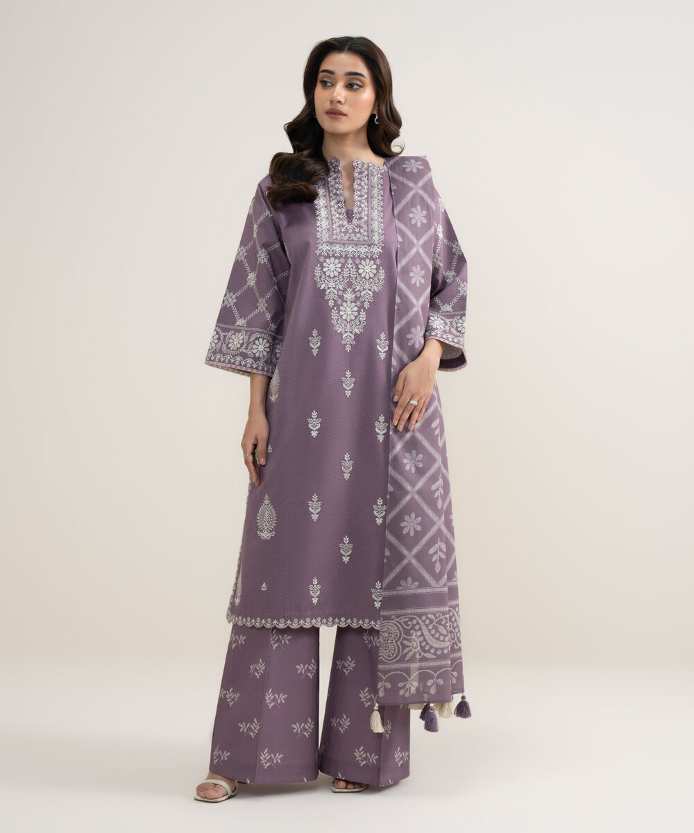 Women's Unstitched Dobby Embroidered Purple 3 Piece Suit