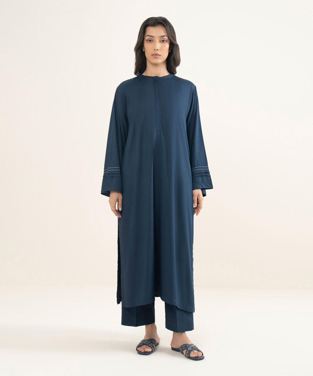 Women's RTW Arabic Lawn Solid Blue Straight Shirt