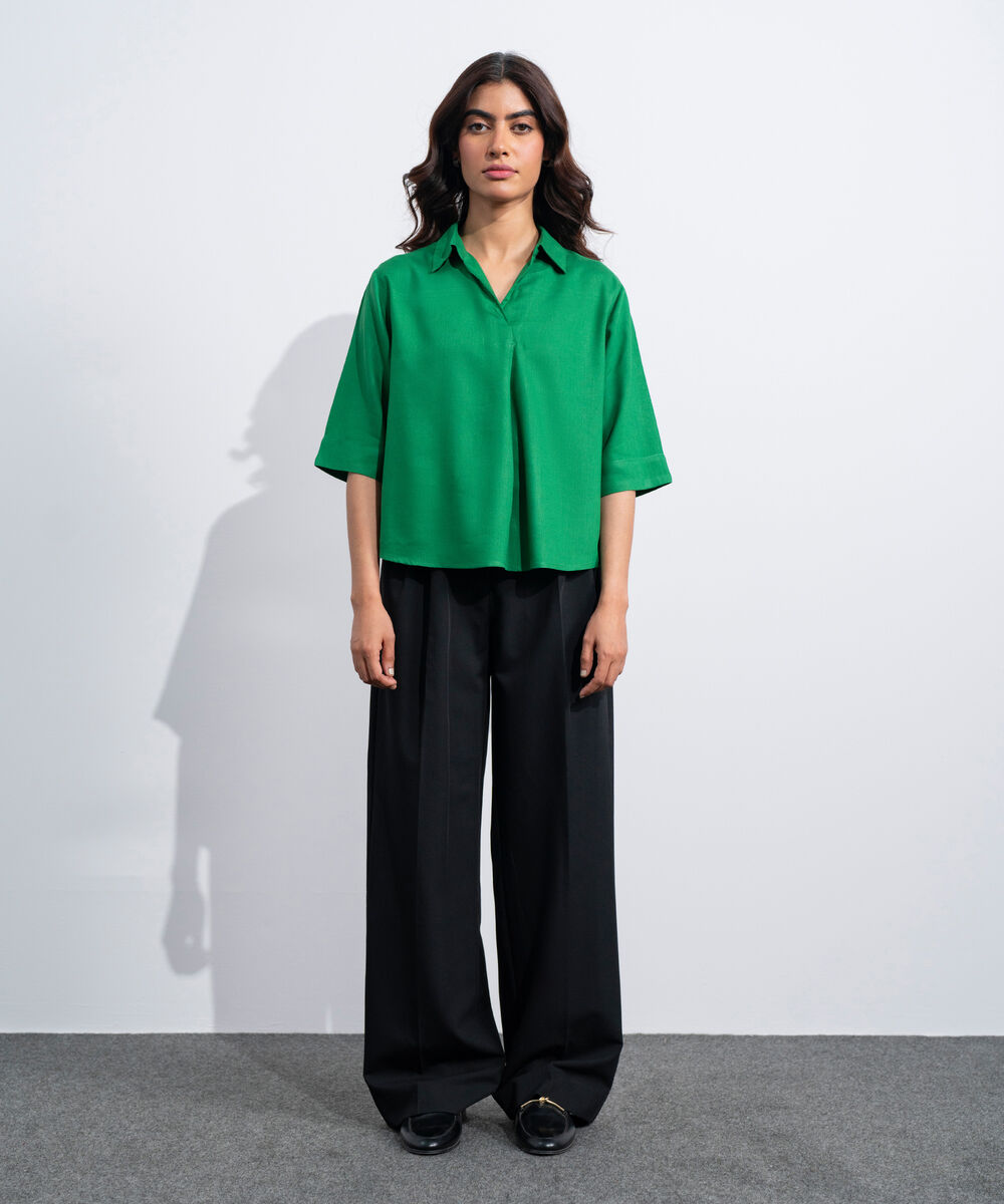 Women's Western Green Linen Blend V-Neck  Top