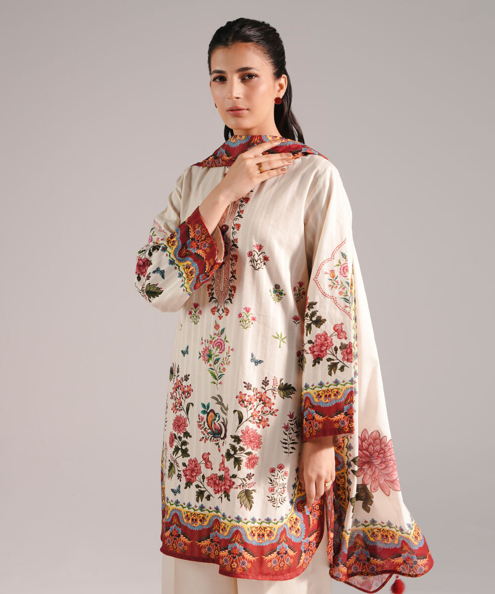 Women's RTW Leno Kara Printed Beige 3 Piece Suit