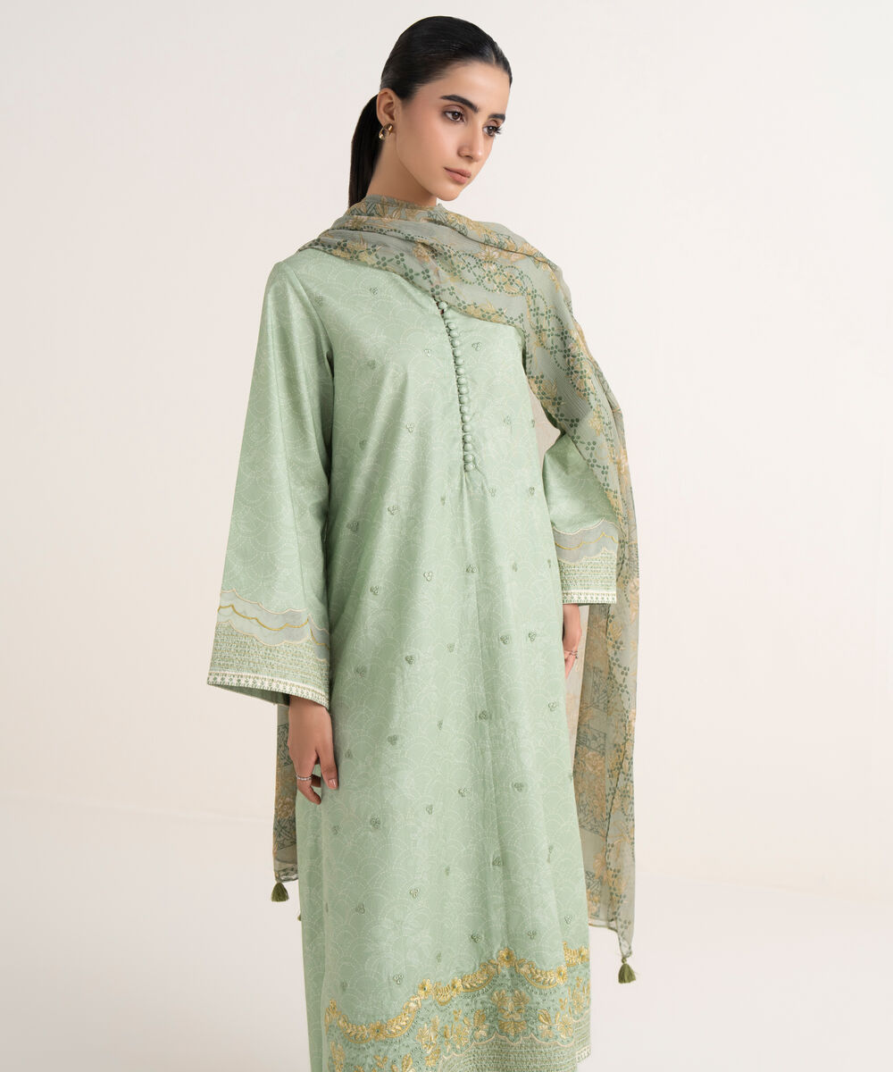 Women's Unstitched Cotton Embroidered Green Three Piece Suit