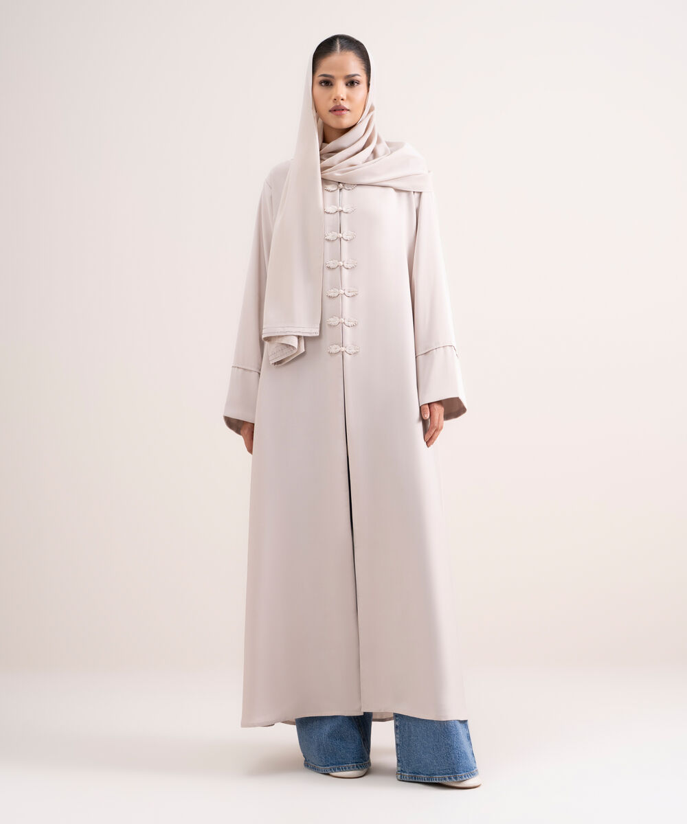 Women's Beige Front Open Abbaya Set