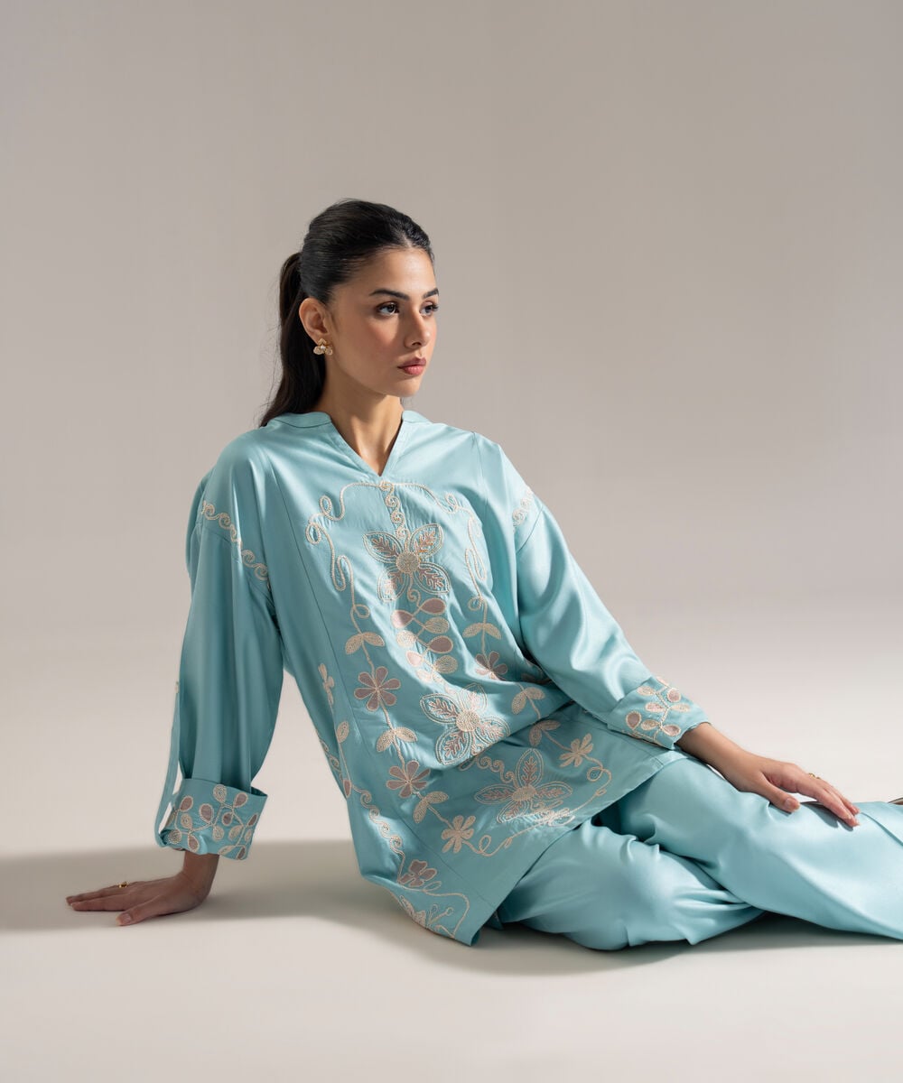 Women's RTW Viscose Marina Solid Embroidered Blue Drop Shoulder Shirt