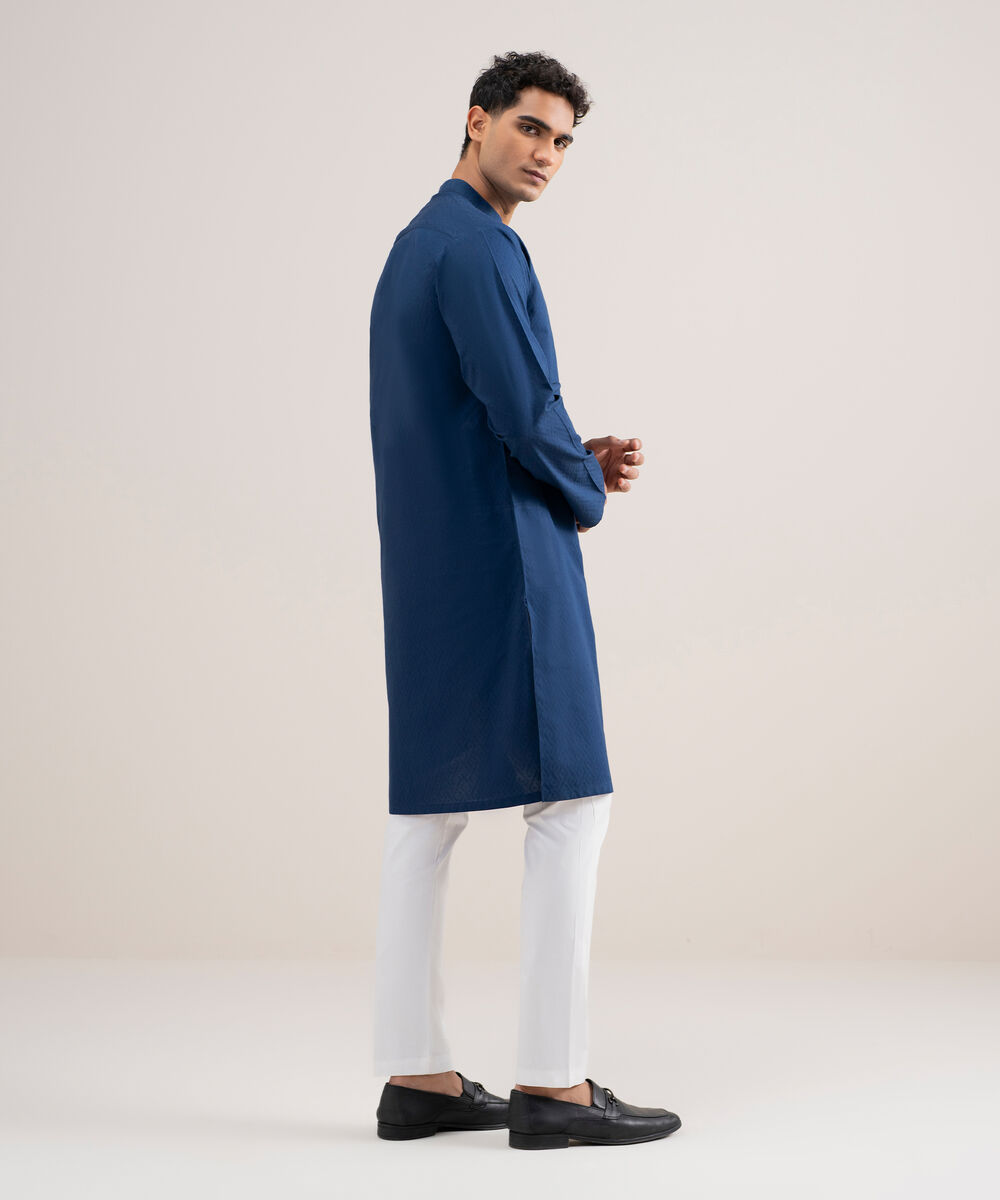 Men's Stitched Cotton Jacquard Royal Blue Kurta