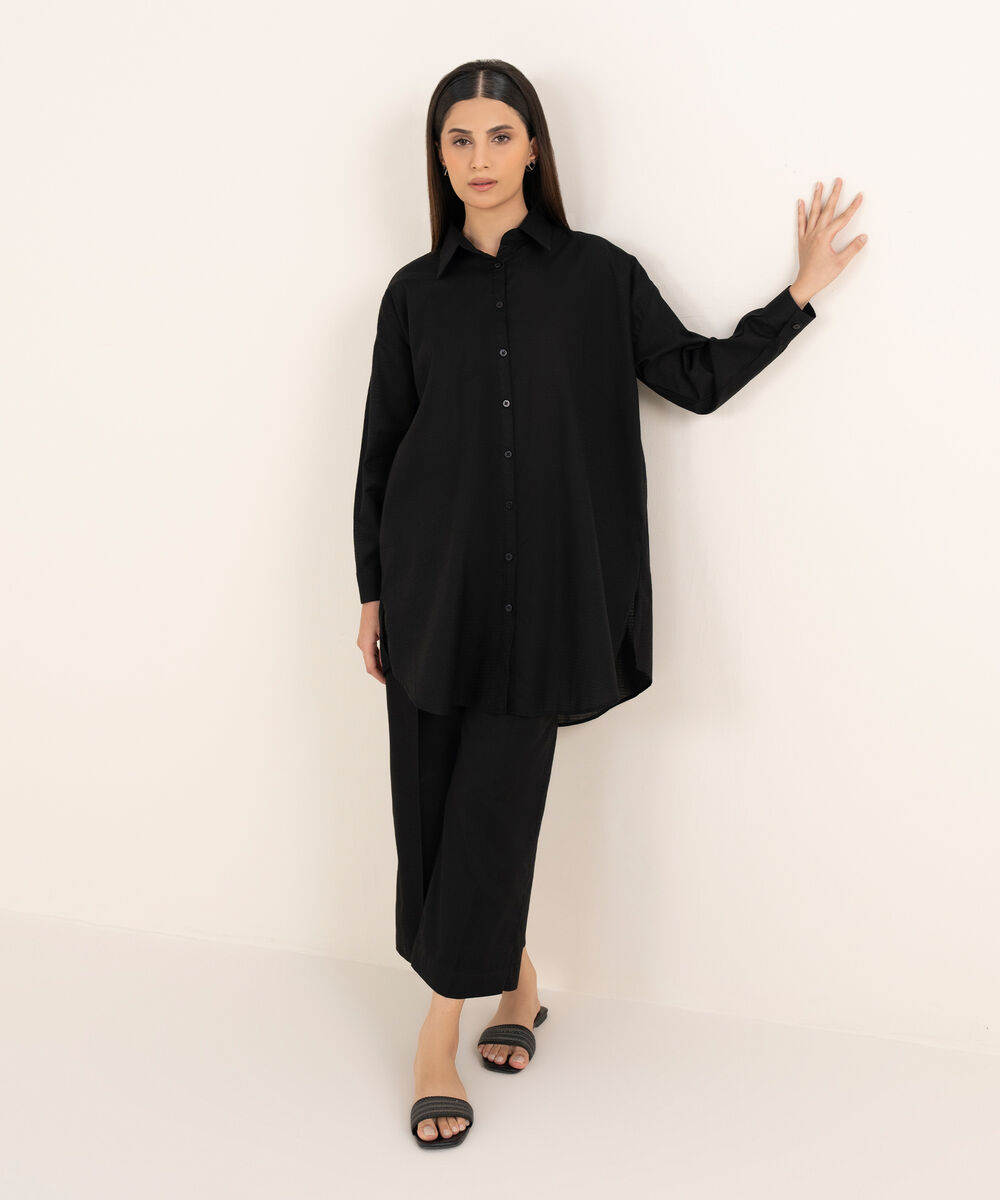Women's RTW Textured Lawn Black Solid Button Down Shirt