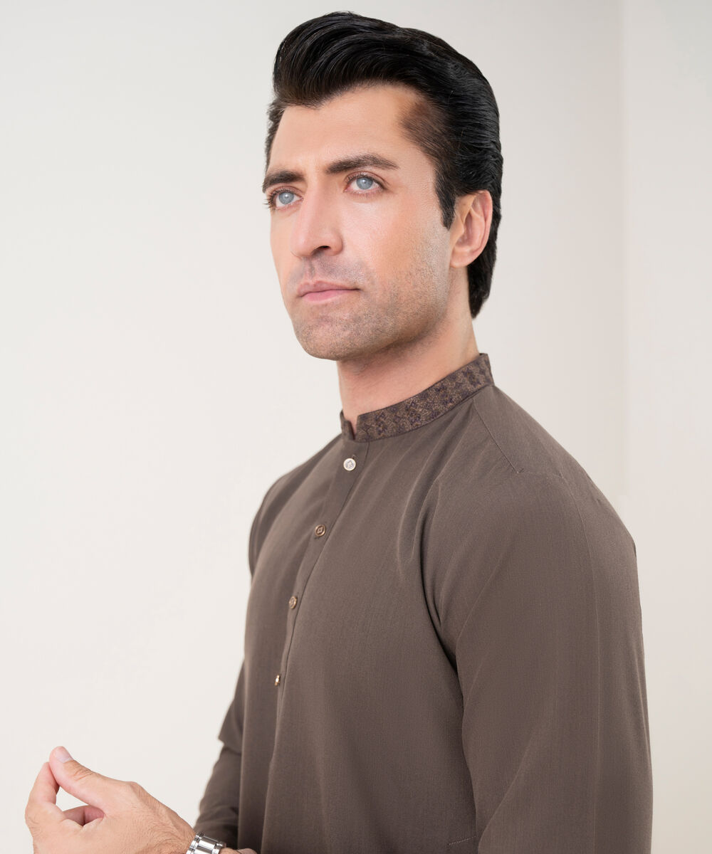 Men's Viscose Embroidered Brown Kurta Shalwar