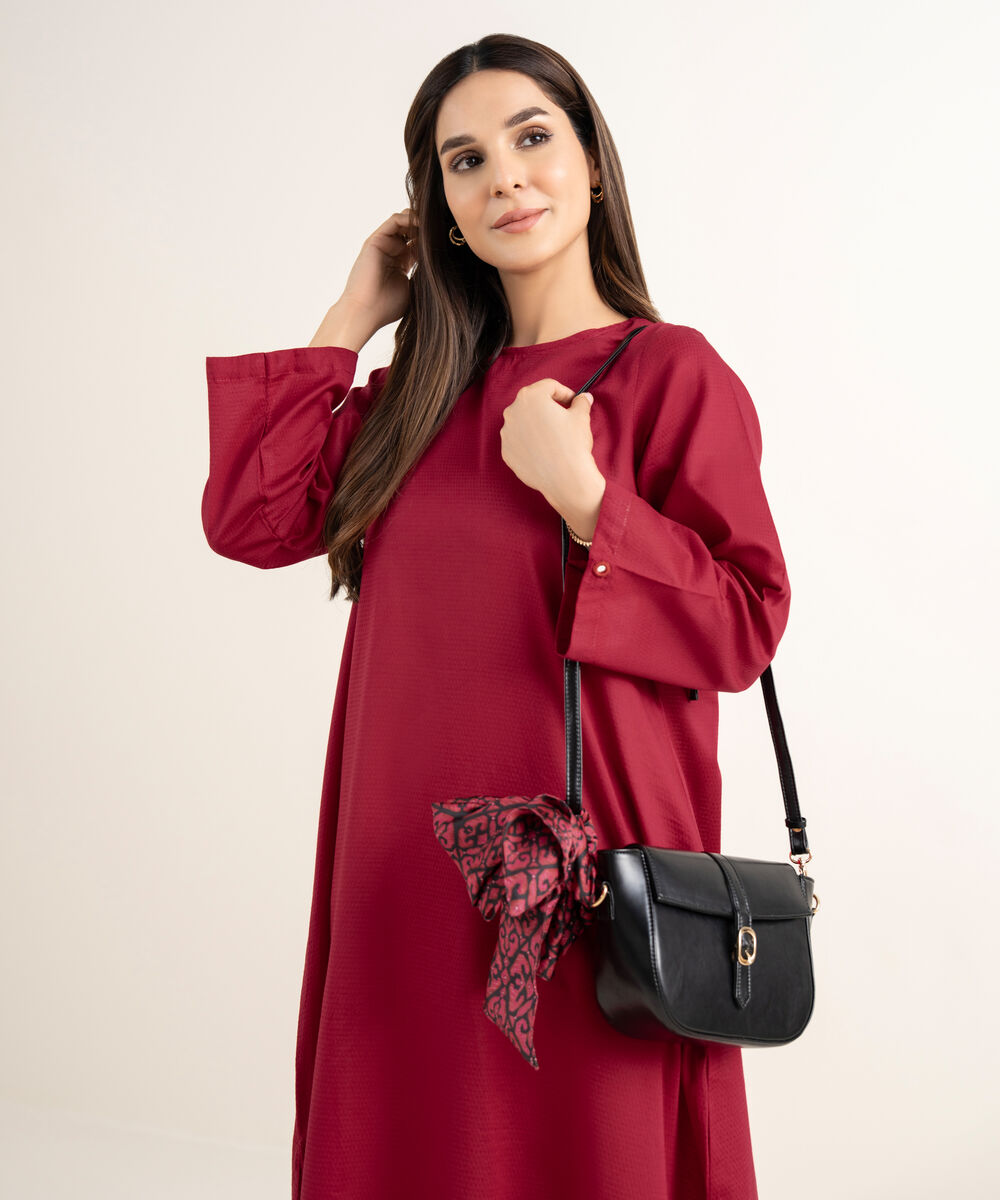 Women's RTW Textured Cotton Red  Solid A-Line Shirt