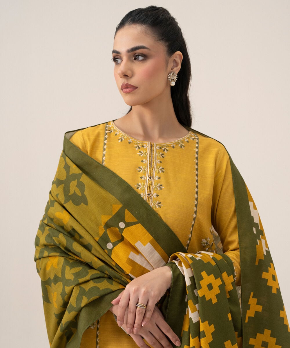 Women's Unstitched Premium Khaddar Embroidered Yellow 3 Piece Suit