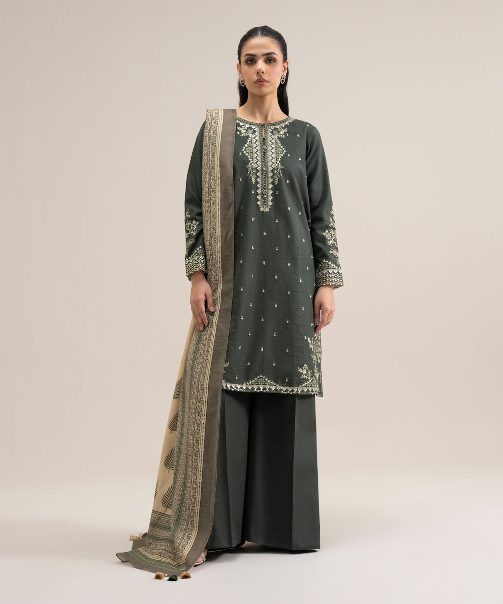Women's Unstitched Basic Khaddar Embroidered Green 3 Piece Suit