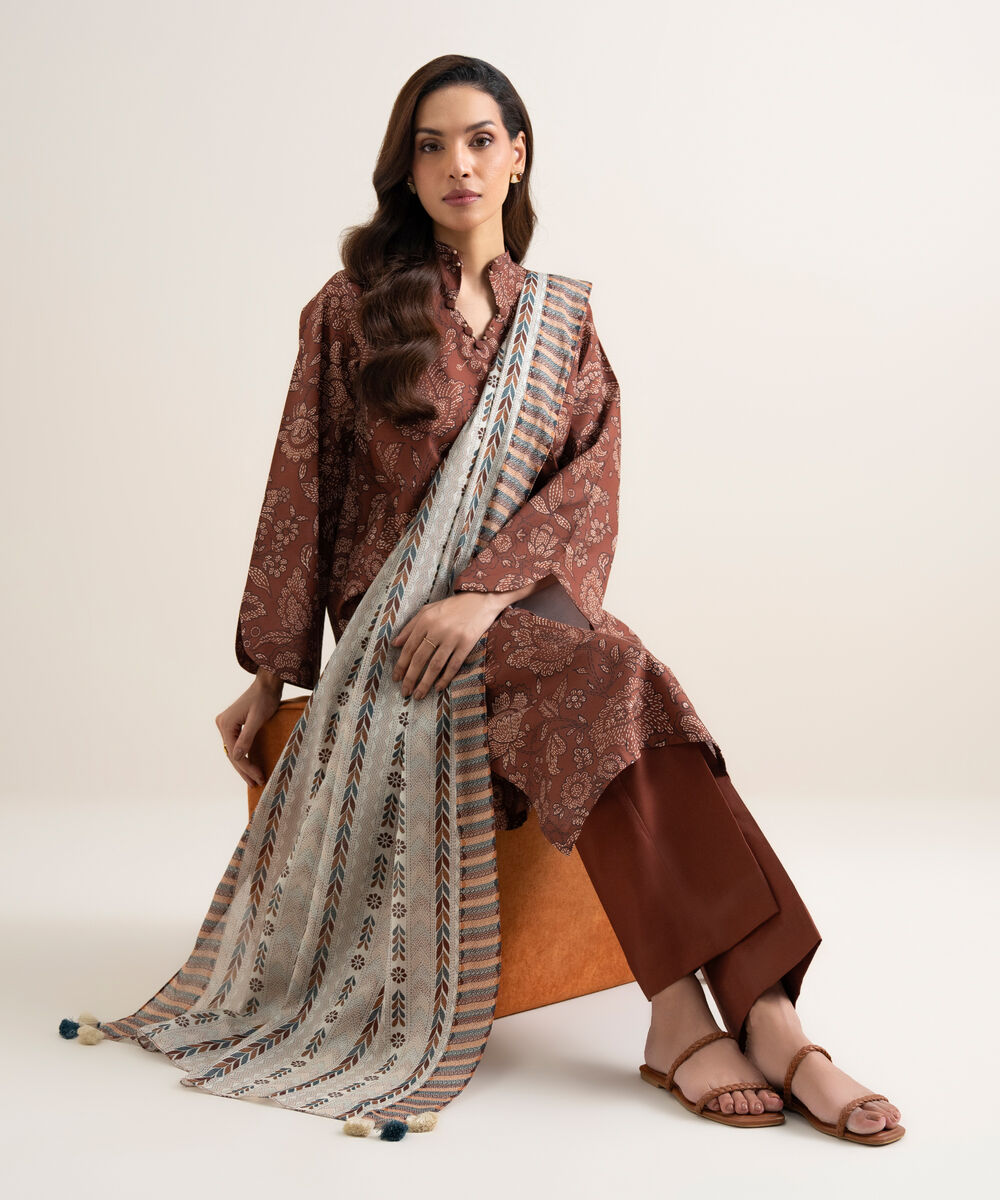 Women's Unstitched Lawn Printed Brown 3 Piece Suit