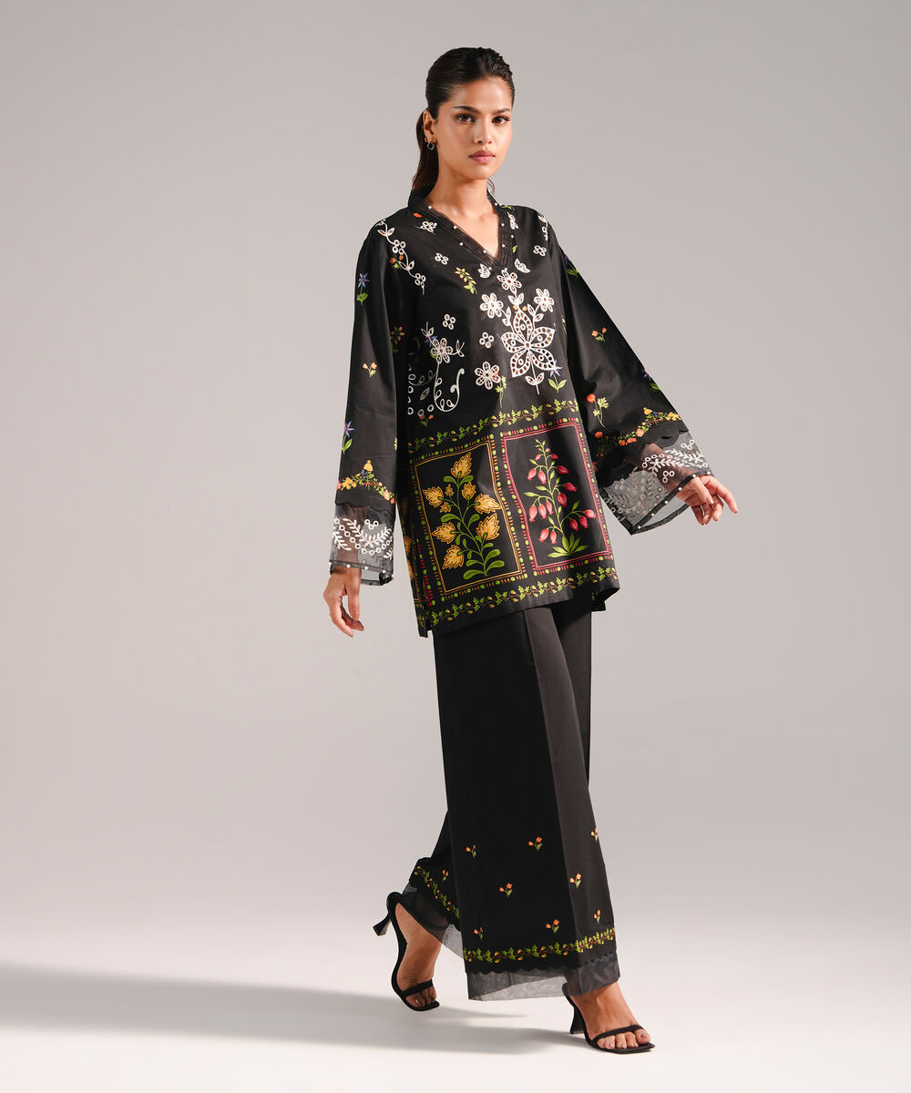 Women's RTW Lawn Embroidered Black Straight Shirt