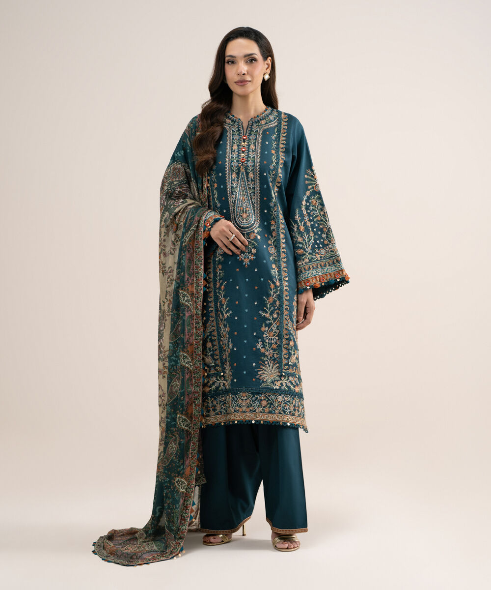 Women's Unstitched Embroidered Fine Cotton Satin Green 3 Piece Suit