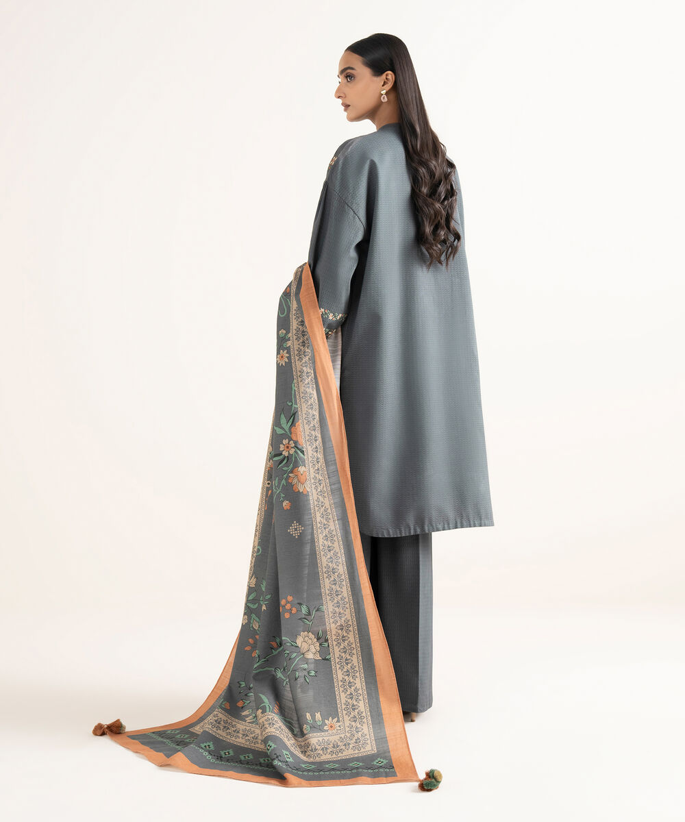 Women's Unstitched Dobby Embroidered Grey 3 Piece Suit