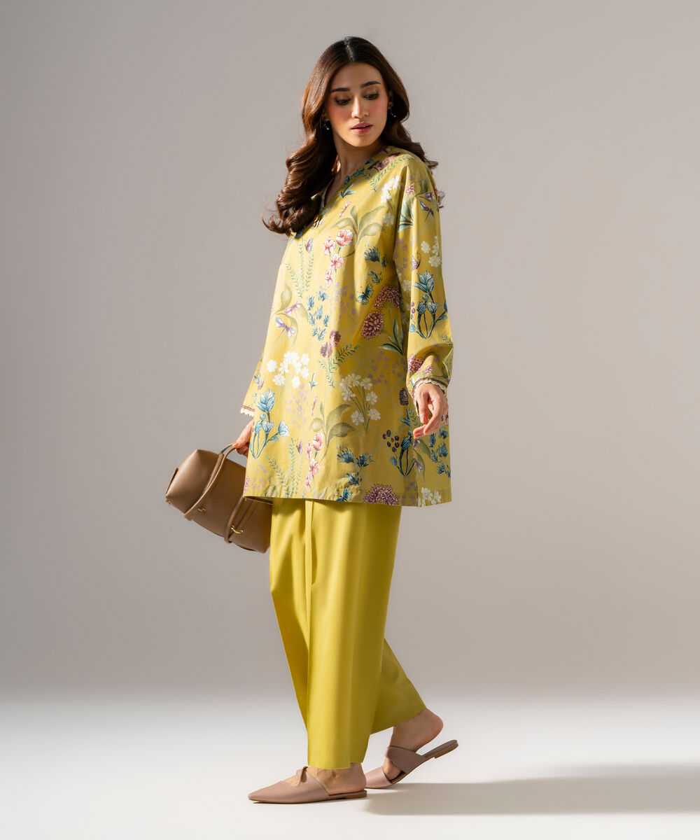 Women's RTW  Cambric Printed Muted Yellow Drop Shoulder
