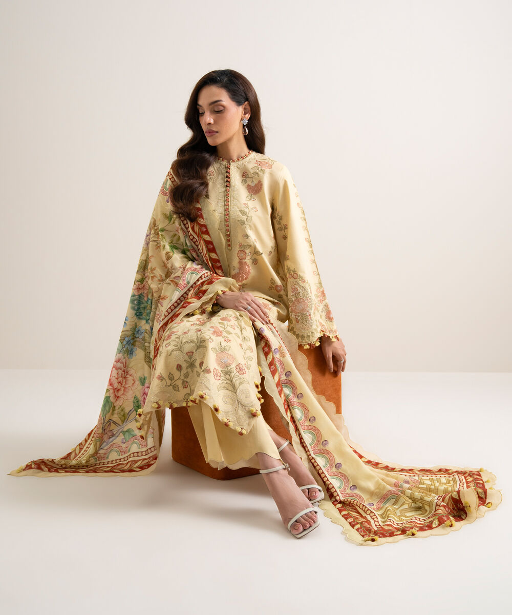 Women's Unstitched Lawn Embroidered Yellow  3 Piece Suit