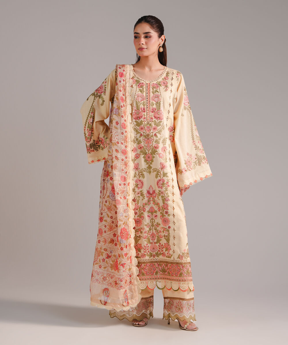 Women's RTW Self Jacquard Embroidered Yellow 3 Piece Suit