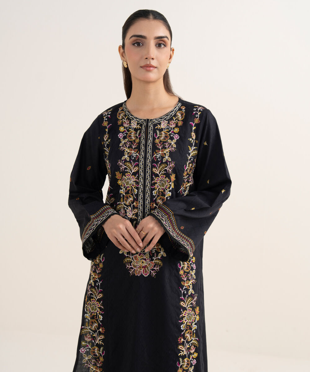 Women's RTW Self Jacquard Embroidered A-Line Black Shirt