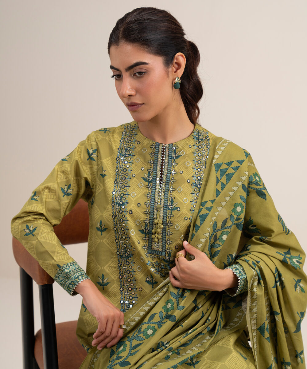 Women's Unstitched Lawn Embroidered Beige 3 Piece Suit