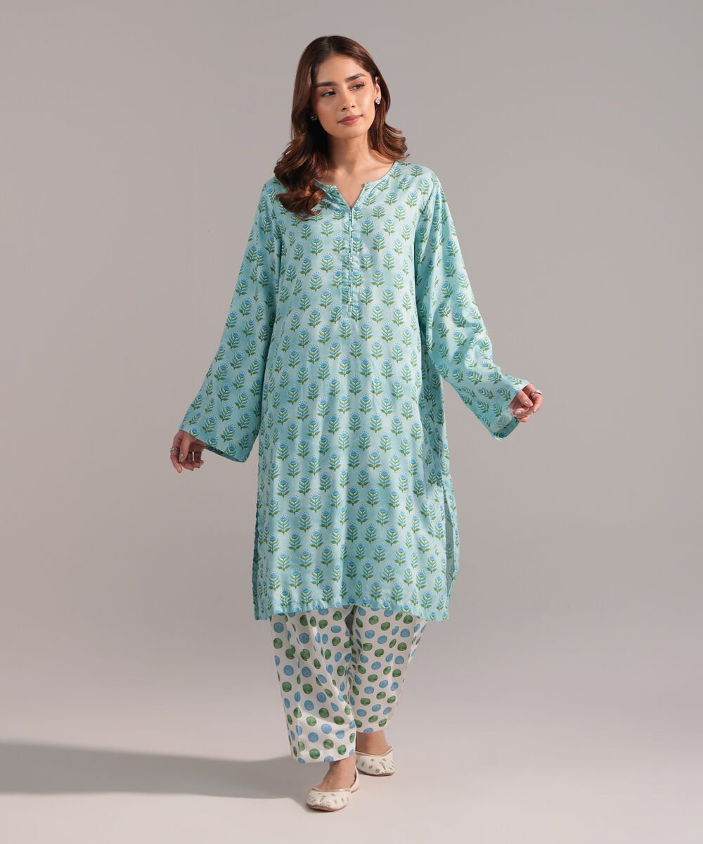 Women's RTW Arabic Lawn Printed Blue Straight Shirt