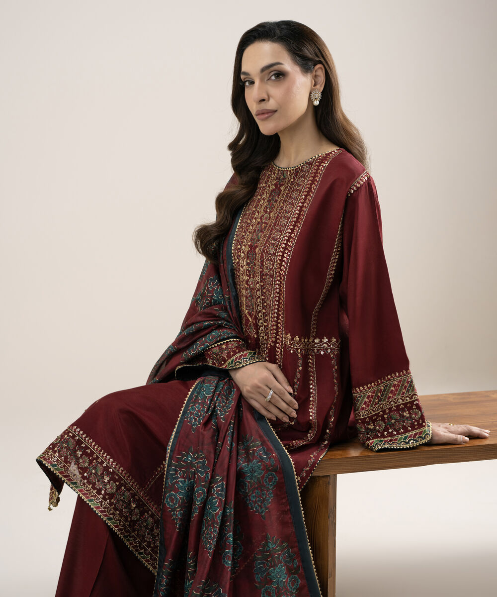 Women's Unstitched Embroidered Blended Raw Silk Red 3 Piece Suit