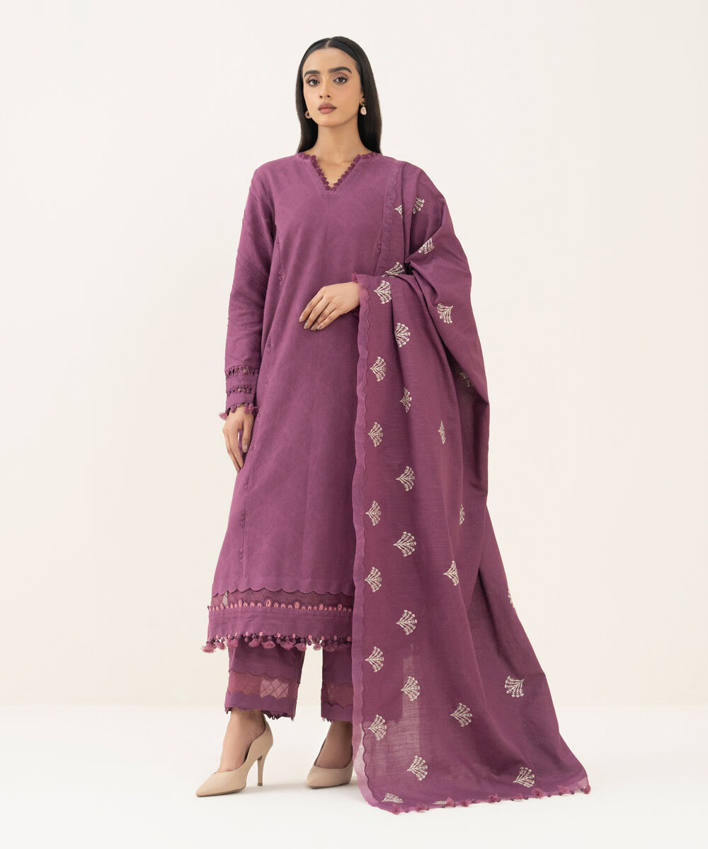Women's Unstitched Dyed Cotton Jacquard Purple 3 Piece Suit