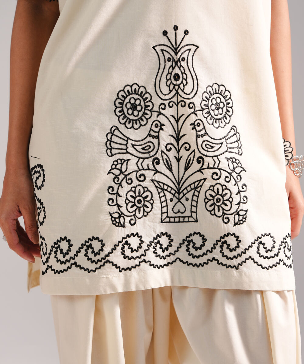 Women's RTW Slub Lawn Embroidered Off White Straight Shirt