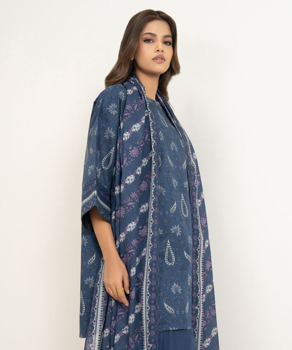Women's Unstitched Lawn Printed Blue 3 Piece Suit