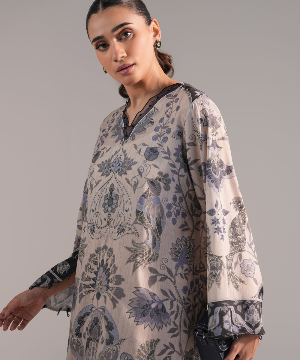 Women's RTW Blended Grip Silk Printed Grey A-Line Shirt