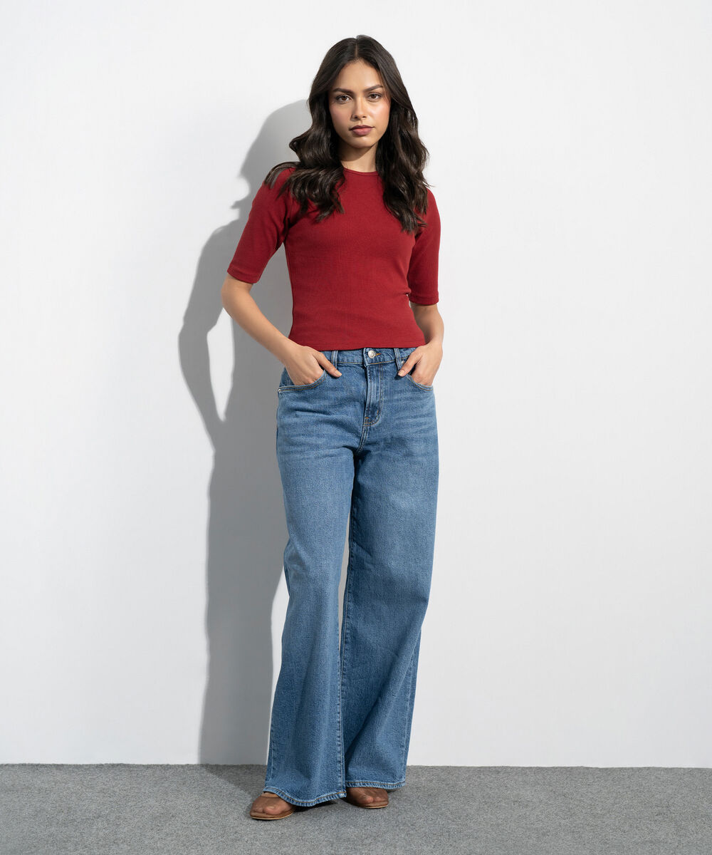 Women's Western Red Slim-Fit Ribbed Top