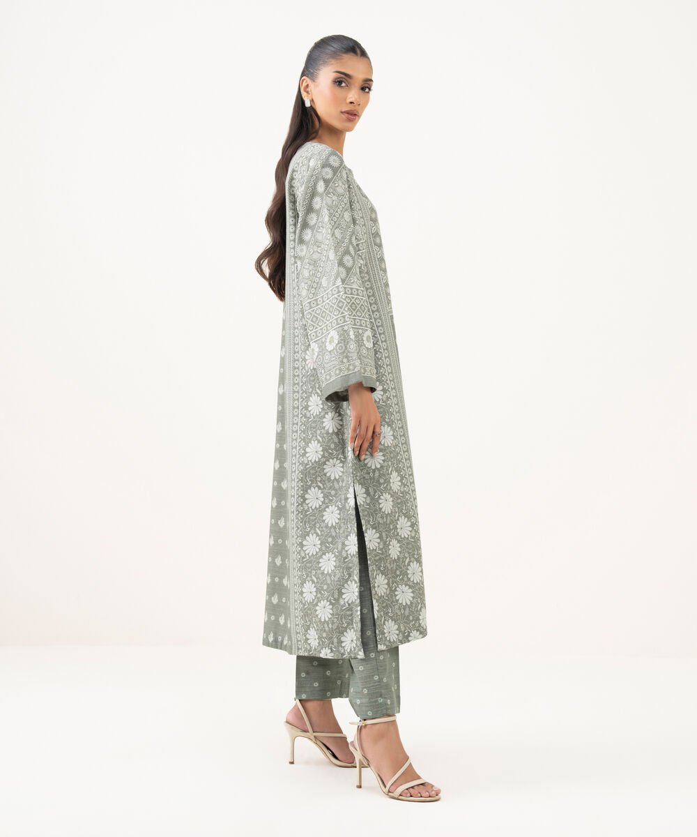 Women's RTW Light Khaddar Printed A-Line Grey Shirt