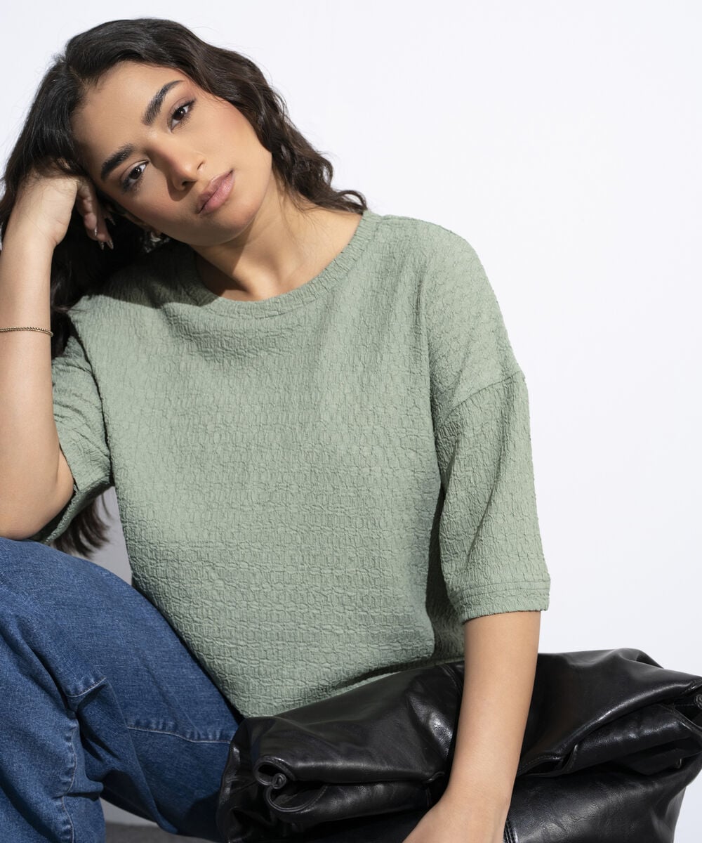 Women's Sage Green Short Body Textured T-Shirt